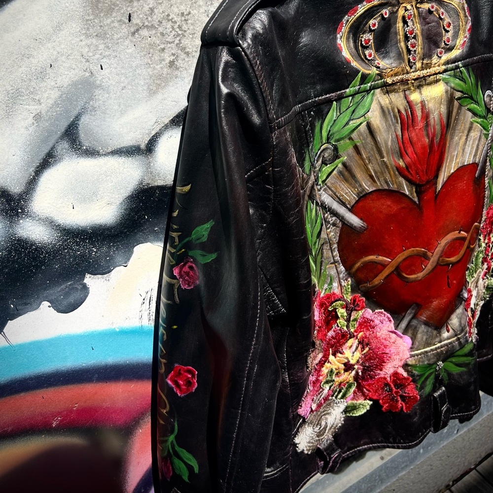 Iconic Sacred Heart Painted Leather Jacket L - Picture 4 of 16